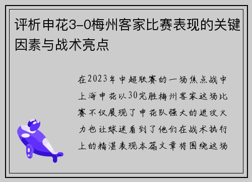 评析申花3-0梅州客家比赛表现的关键因素与战术亮点
