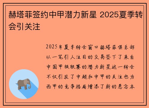 赫塔菲签约中甲潜力新星 2025夏季转会引关注